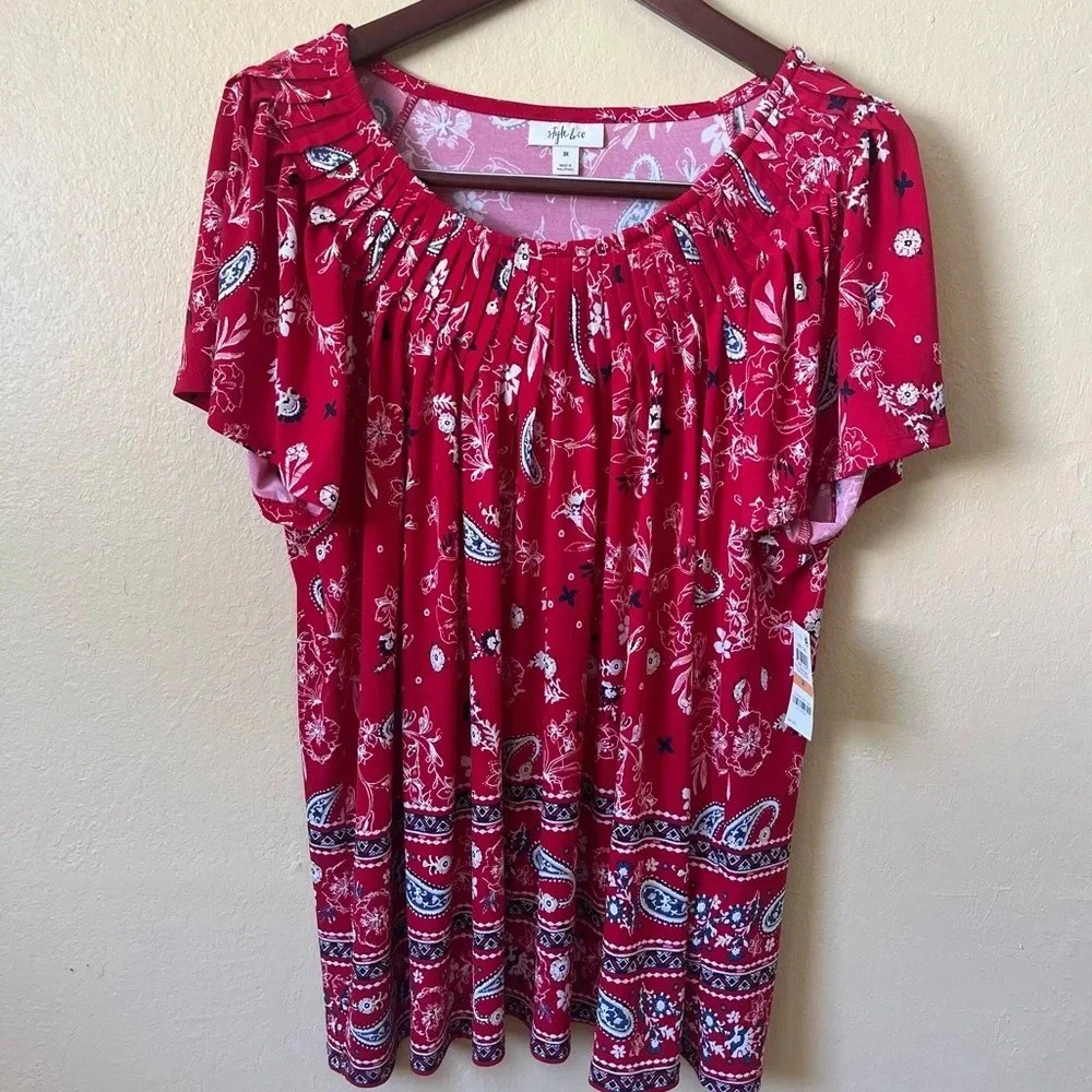 Style & Co. Women’s Blouse Red Handkerchief Print. Size: 3X Plus Size.